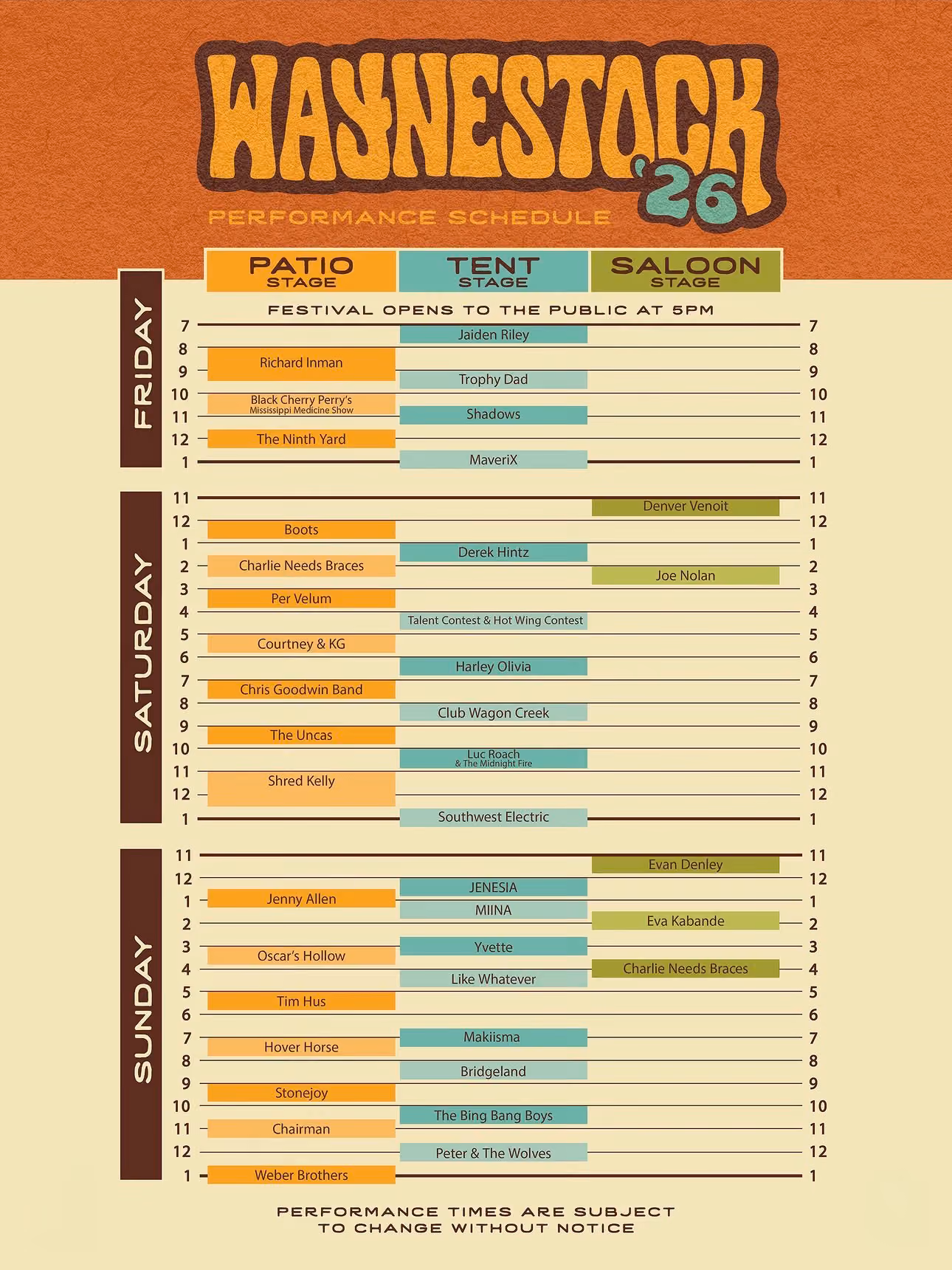 Official Waynestock 2026 stage schedule poster